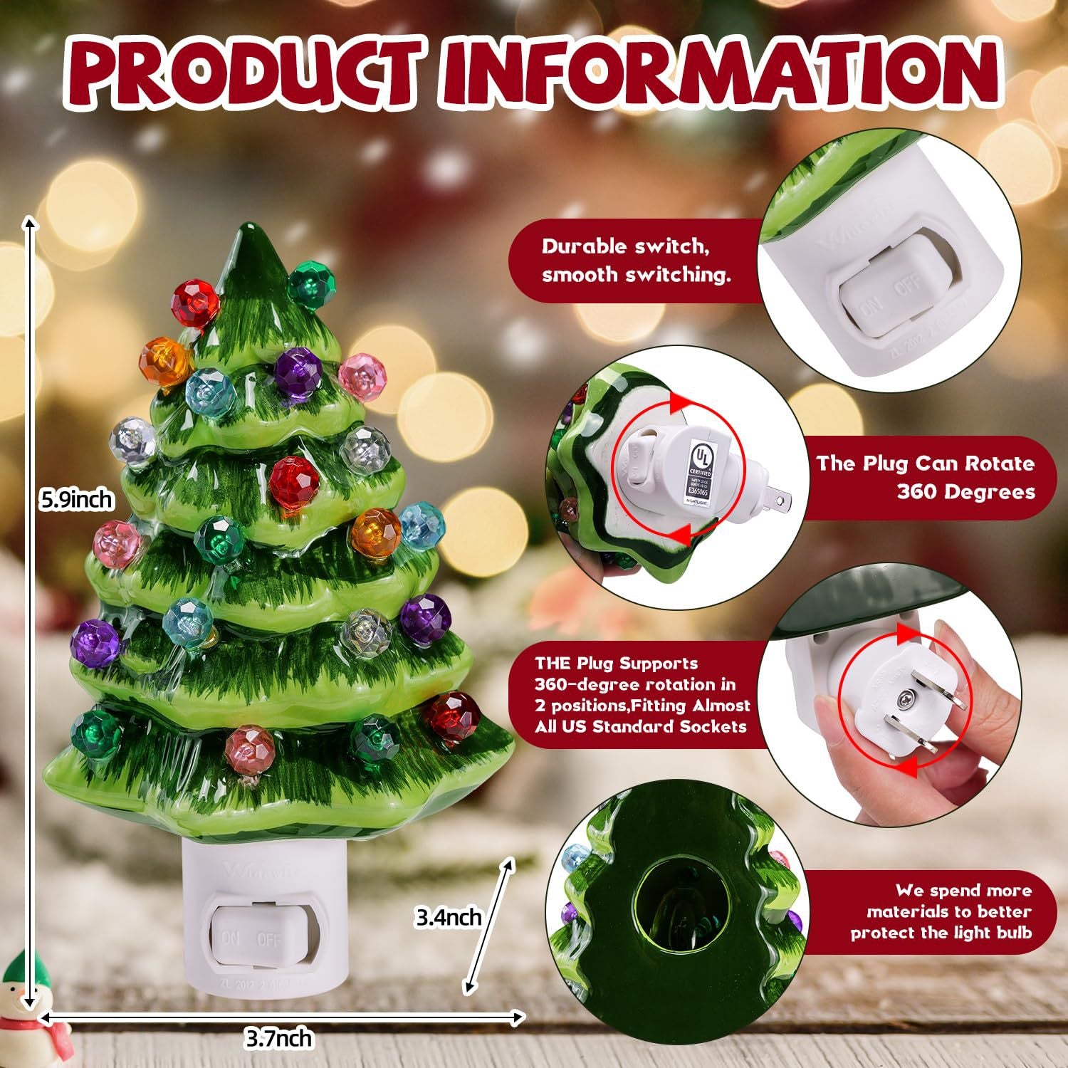 Christmas Tree Night Light – Resin Lamp with Colorful Bulbs and 360° Rotating Plug for Home Décor | aibgg