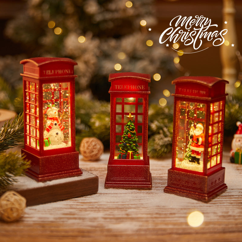Christmas LED Telephone Booth Ornament – Small Lantern Oil Lamp for Holiday Decor, Coffee Shop and KTV Scene Layout