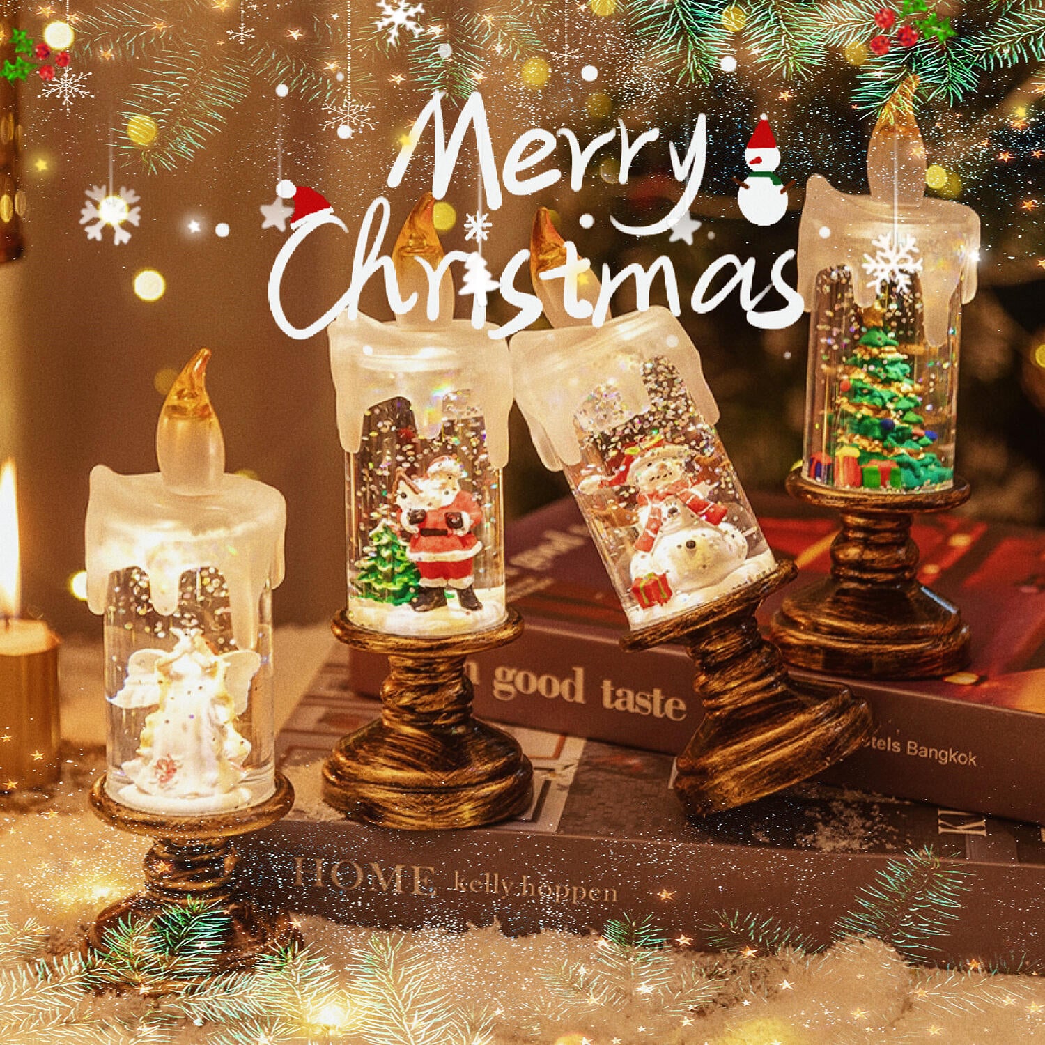 Honoson 4-Pack Christmas Flameless LED Candles – Spinning Snow Globe Glittering Water Candles, Battery Operated for Holiday Parties, Table Centerpieces and Home Decor