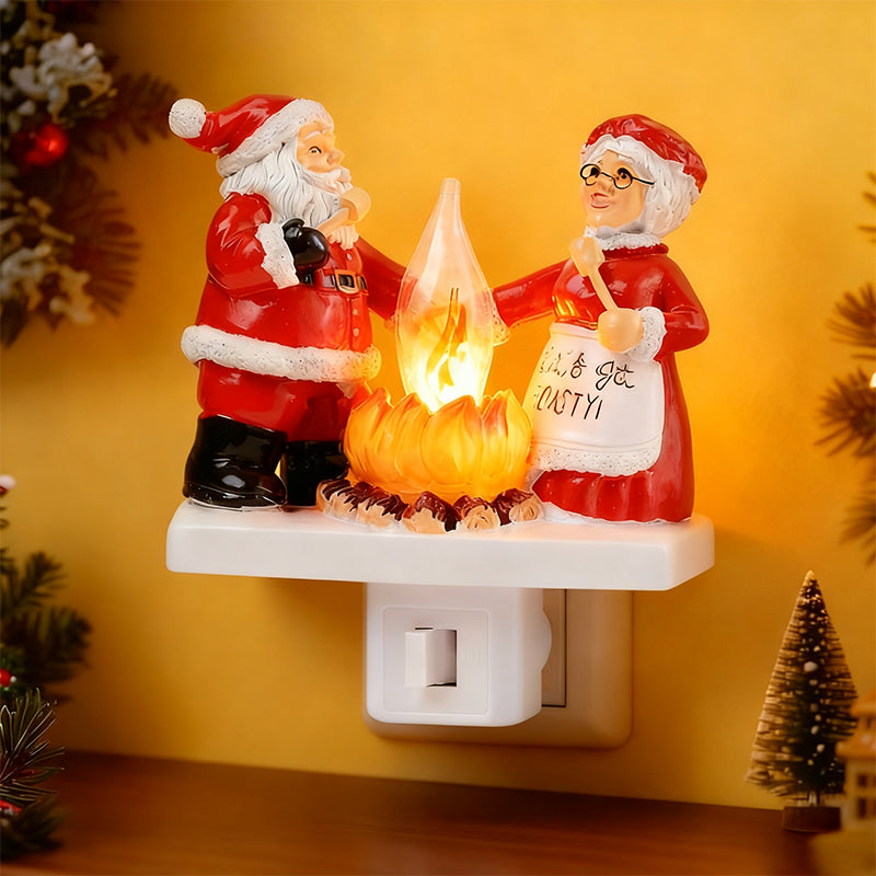 Santa & Mrs. Claus Christmas Campfire Flickering Night Light – Cute Swivel Plug-in Figurine Lamp for Indoor Holiday Decor