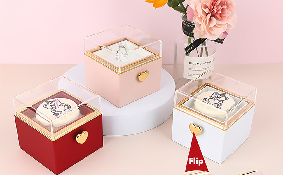 Rotating Reversible Ring Box – Candle & Birthday Cake Bear Design, Romantic Proposal Jewelry Holder, Gift for Her