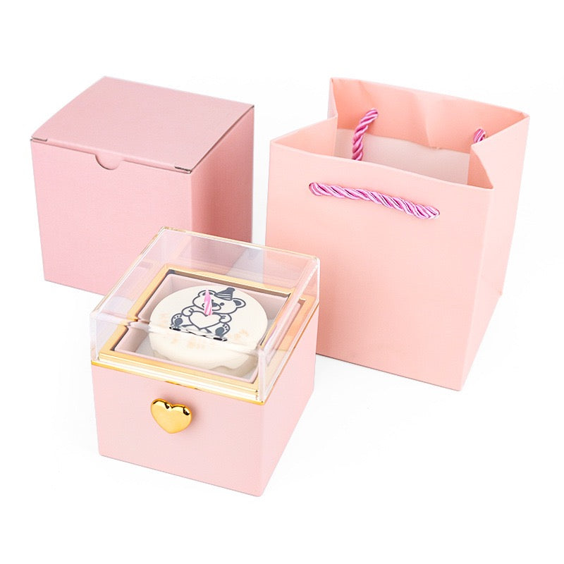 Rotating Reversible Ring Box – Candle & Birthday Cake Bear Design, Romantic Proposal Jewelry Holder, Gift for Her
