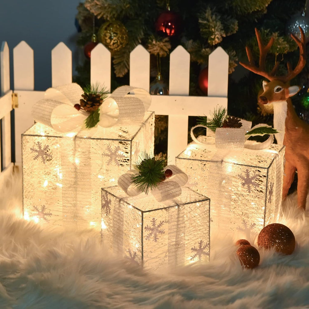 3-Piece Christmas Gift Box Lamp Set with Transparent Box and Fairy Light String – 8 Modes, Battery Powered Holiday Decor for Home, Tree, Gifts & Parties (aibgg)