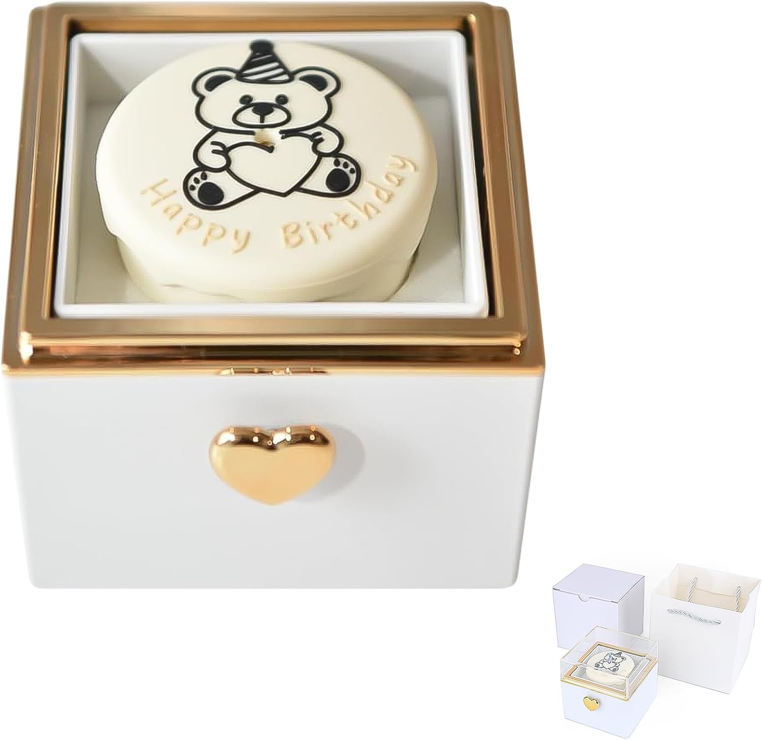 Rotating Reversible Ring Box – Candle & Birthday Cake Bear Design, Romantic Proposal Jewelry Holder, Gift for Her