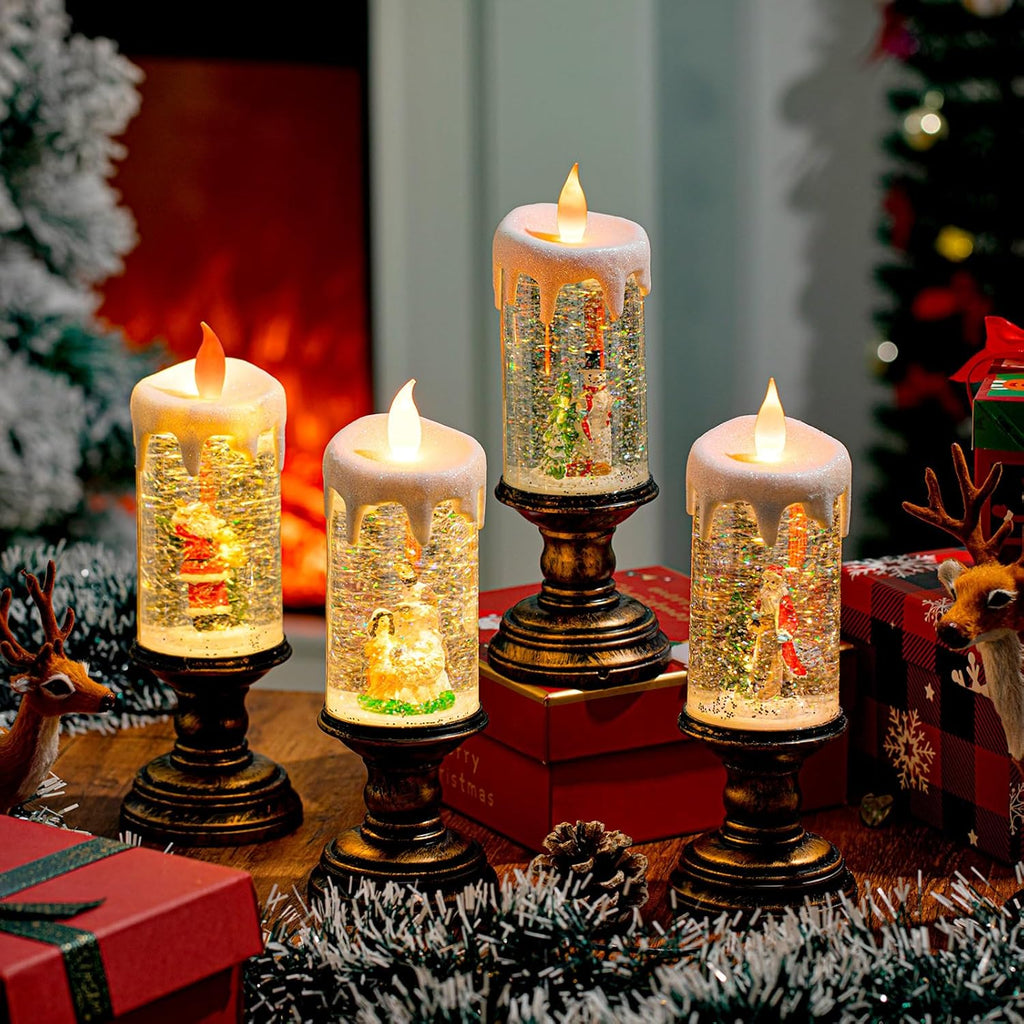 Honoson 4-Pack Christmas Flameless LED Candles – Spinning Snow Globe Glittering Water Candles, Battery Operated for Holiday Parties, Table Centerpieces and Home Decor