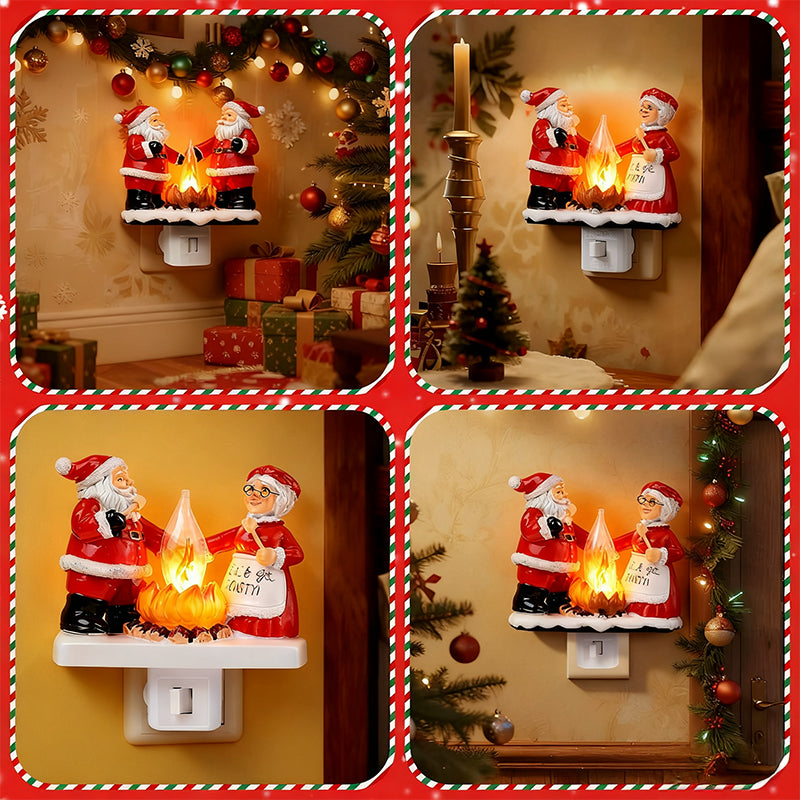 Santa & Mrs. Claus Christmas Campfire Flickering Night Light – Cute Swivel Plug-in Figurine Lamp for Indoor Holiday Decor