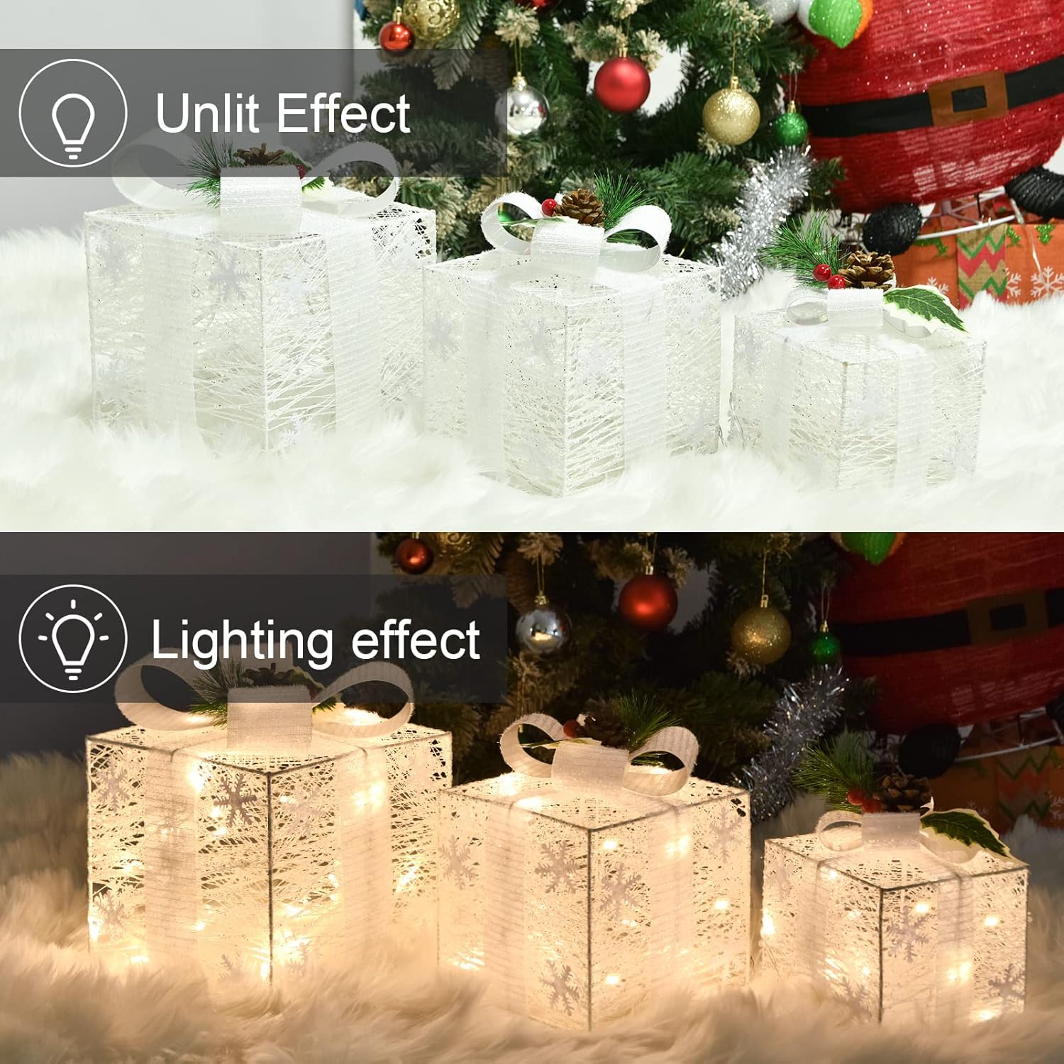 3-Piece Christmas Gift Box Lamp Set with Transparent Box and Fairy Light String – 8 Modes, Battery Powered Holiday Decor for Home, Tree, Gifts & Parties (aibgg)