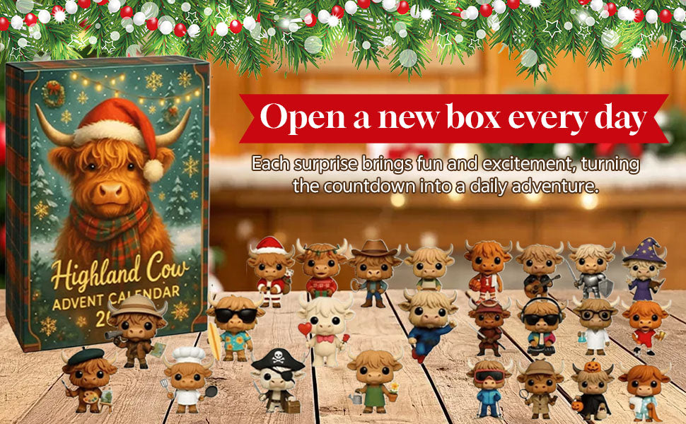 2025 Highland Cow Advent Calendar – 24-Day Christmas Countdown with Mini Highland Cow Figures, Festive Holiday Decor for Home & Party
