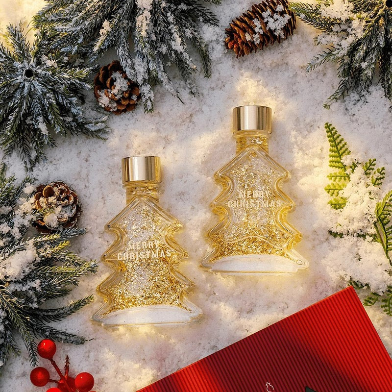 Gilded Bloom Christmas Scented Candle – Floral & Milky Fragrance in Tree-Shaped Glass Jar with Gold Leaf Charm | aibgg