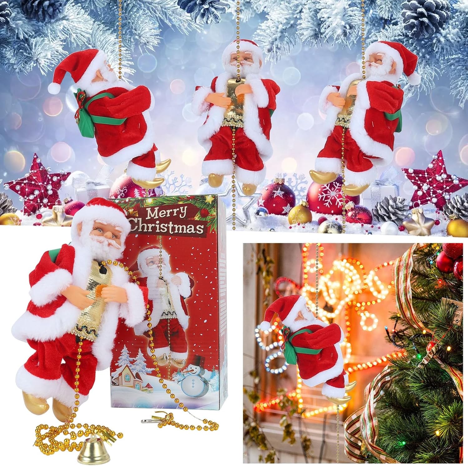 Electric Animated Climbing Santa Claus 2025 – Merry Christmas Ornament with Rope Ladder for Tree, Door, Indoor and Outdoor Holiday Decor