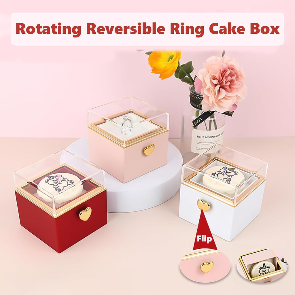 Rotating Reversible Ring Box – Candle & Birthday Cake Bear Design, Romantic Proposal Jewelry Holder, Gift for Her