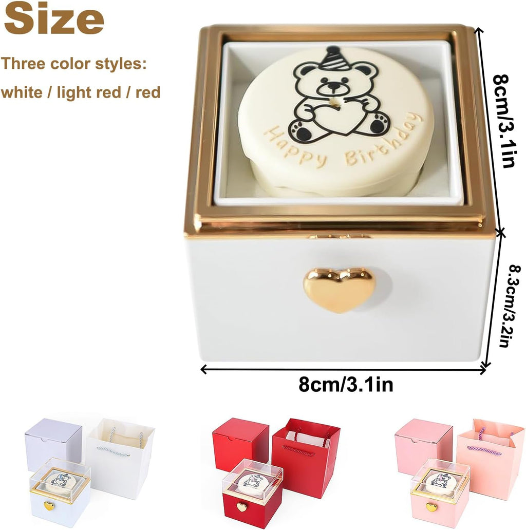 Rotating Reversible Ring Box – Candle & Birthday Cake Bear Design, Romantic Proposal Jewelry Holder, Gift for Her