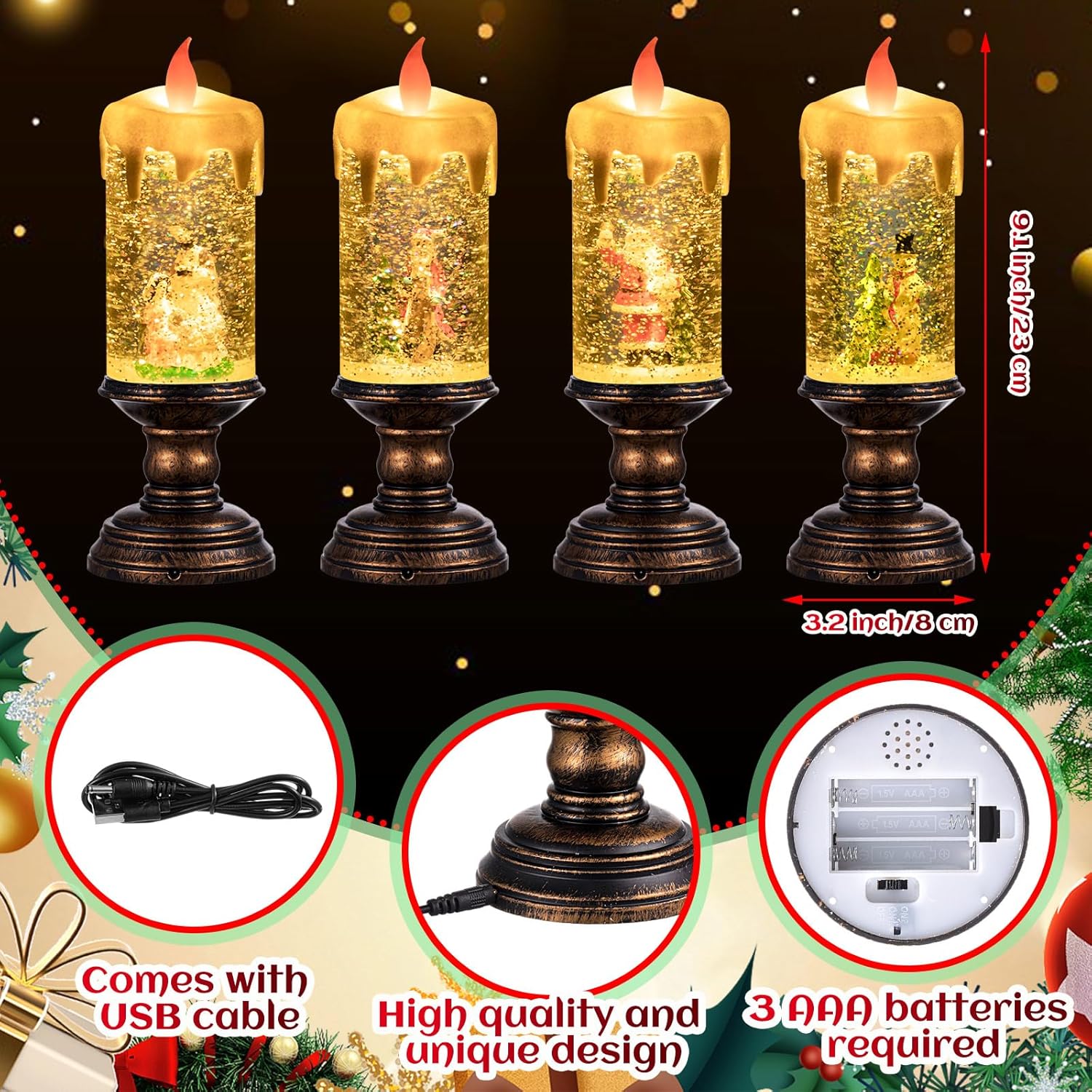 Honoson 4-Pack Christmas Flameless LED Candles – Spinning Snow Globe Glittering Water Candles, Battery Operated for Holiday Parties, Table Centerpieces and Home Decor