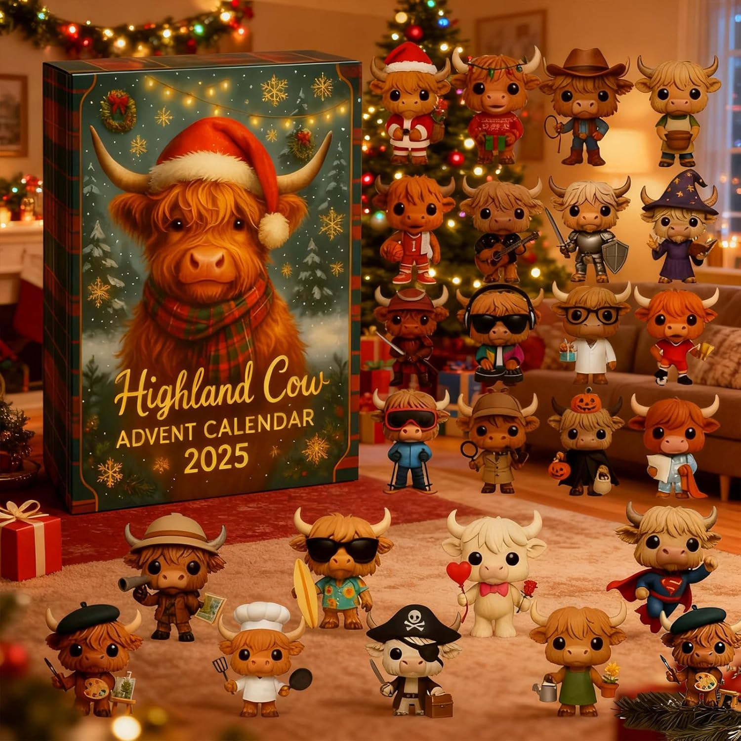 2025 Highland Cow Advent Calendar – 24-Day Christmas Countdown with Mini Highland Cow Figures, Festive Holiday Decor for Home & Party