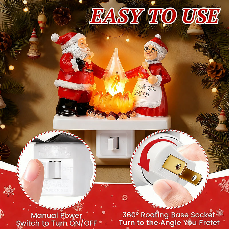 Santa & Mrs. Claus Christmas Campfire Flickering Night Light – Cute Swivel Plug-in Figurine Lamp for Indoor Holiday Decor