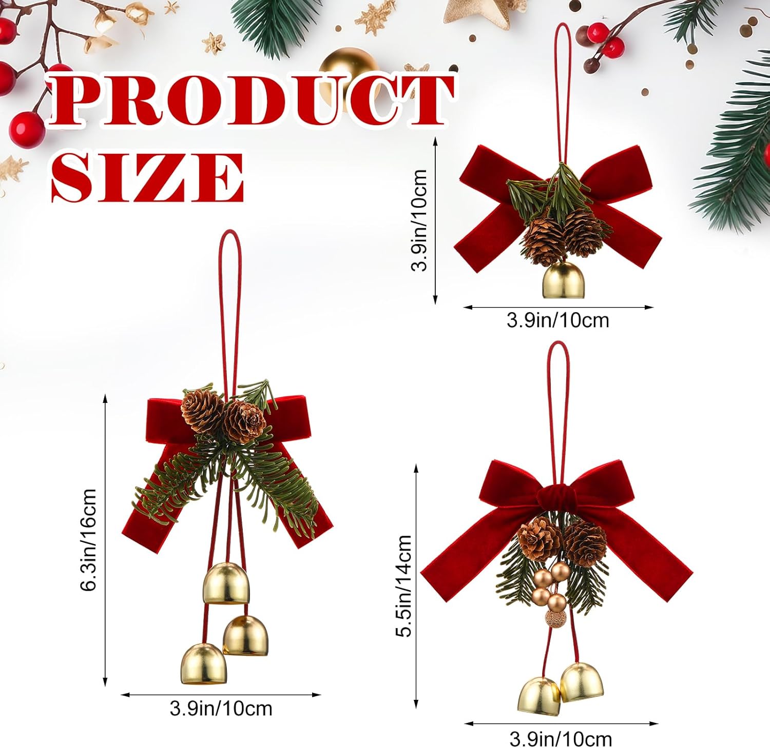 4-Pack Christmas Red Velvet Bows with Bells and Pine Cones – Jingle Bell Velvet Bow Ornaments for Tree, Wreath, and Door Decor