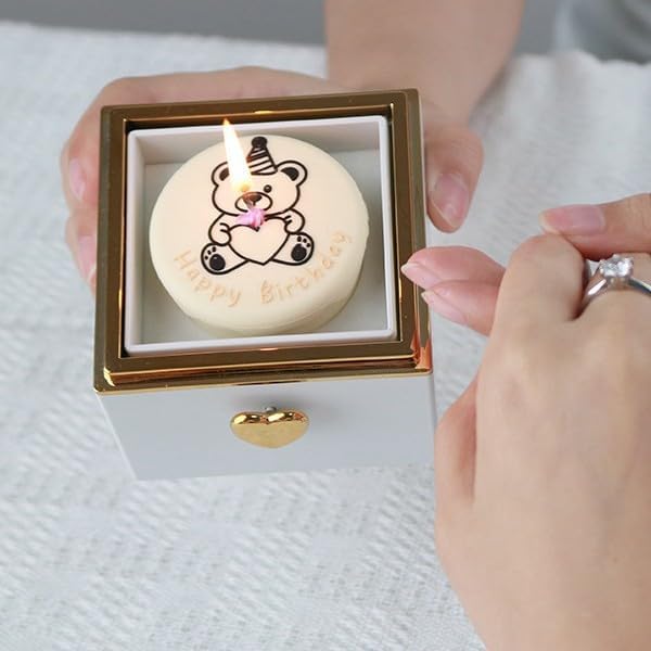 Rotating Reversible Ring Box – Candle & Birthday Cake Bear Design, Romantic Proposal Jewelry Holder, Gift for Her