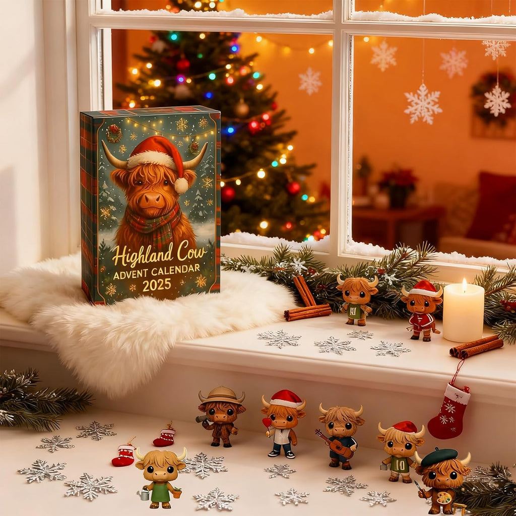 2025 Highland Cow Advent Calendar – 24-Day Christmas Countdown with Mini Highland Cow Figures, Festive Holiday Decor for Home & Party