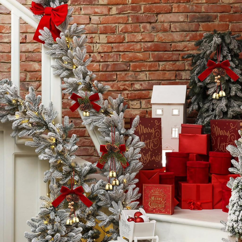 4-Pack Christmas Red Velvet Bows with Bells and Pine Cones – Jingle Bell Velvet Bow Ornaments for Tree, Wreath, and Door Decor