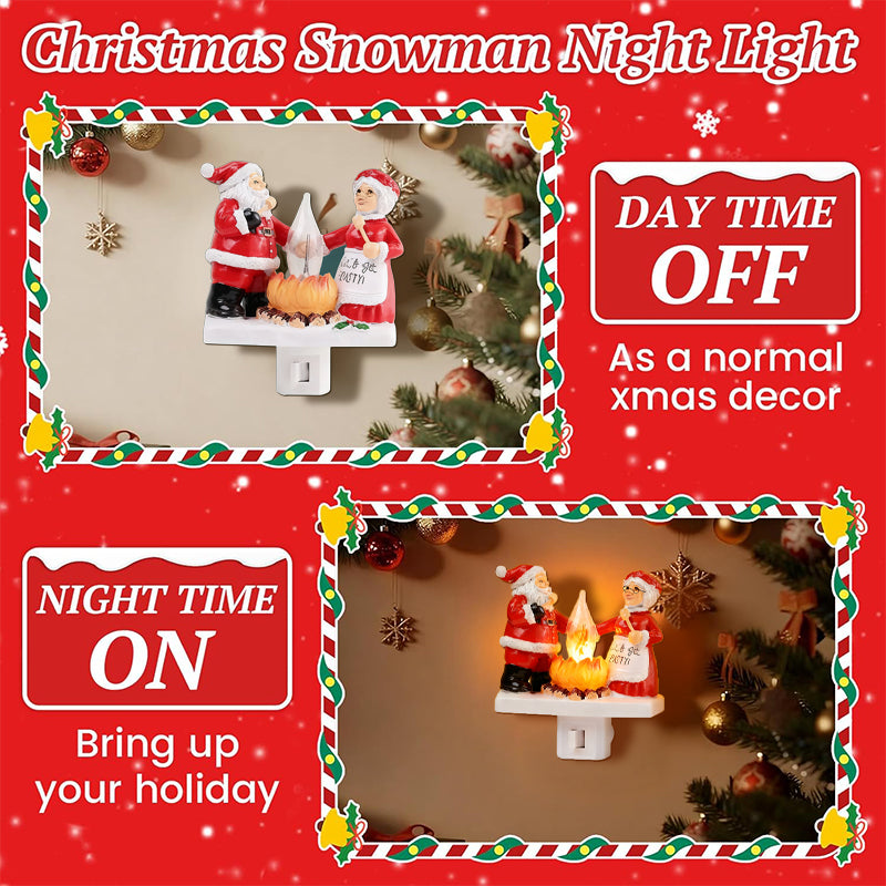 Santa & Mrs. Claus Christmas Campfire Flickering Night Light – Cute Swivel Plug-in Figurine Lamp for Indoor Holiday Decor