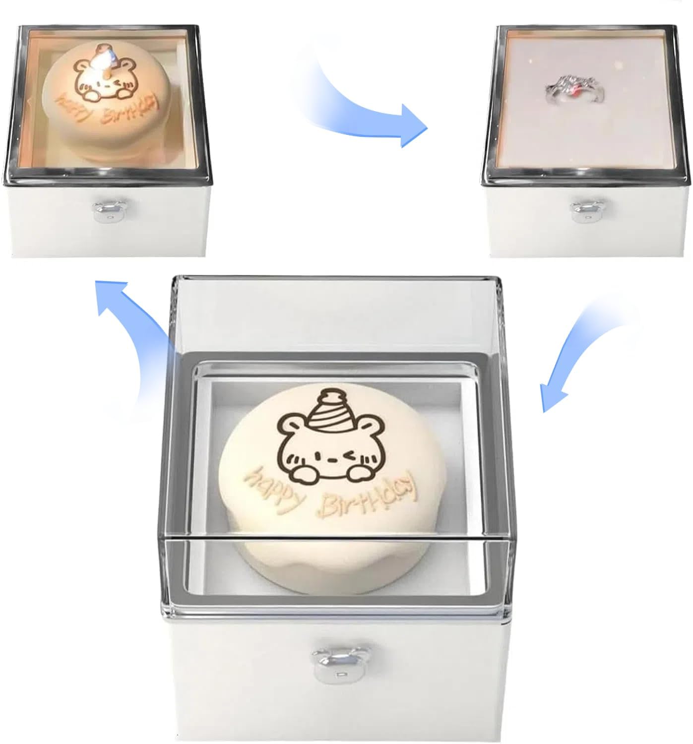Rotating Reversible Ring Box – Candle & Birthday Cake Bear Design, Romantic Proposal Jewelry Holder, Gift for Her