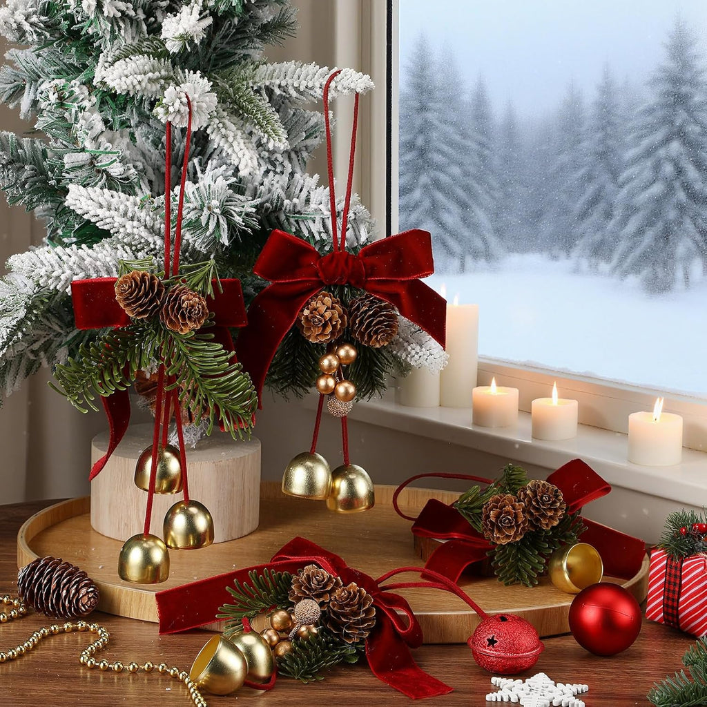 4-Pack Christmas Red Velvet Bows with Bells and Pine Cones – Jingle Bell Velvet Bow Ornaments for Tree, Wreath, and Door Decor