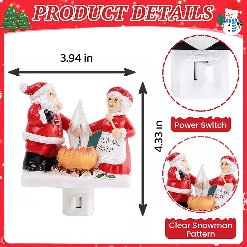Santa & Mrs. Claus Christmas Campfire Flickering Night Light – Cute Swivel Plug-in Figurine Lamp for Indoor Holiday Decor