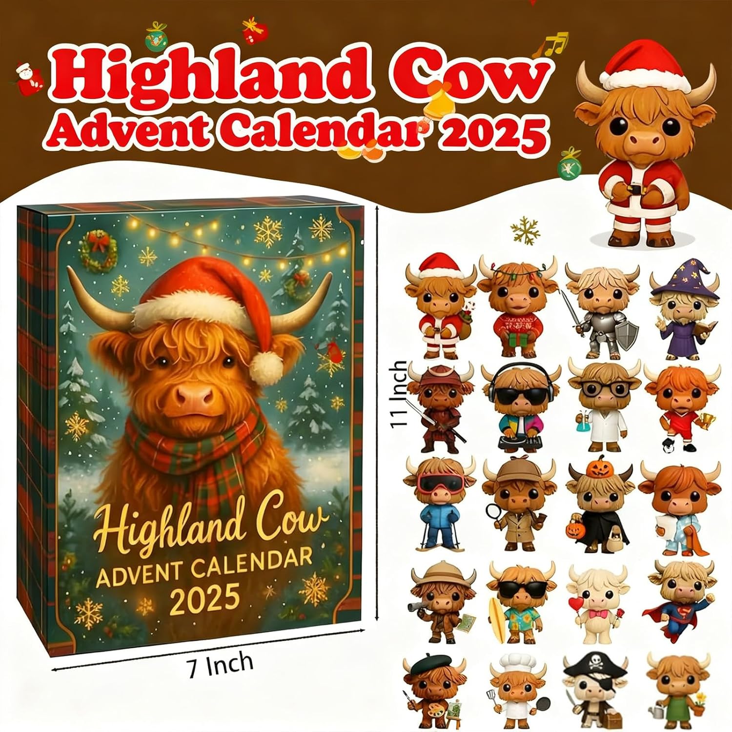 2025 Highland Cow Advent Calendar – 24-Day Christmas Countdown with Mini Highland Cow Figures, Festive Holiday Decor for Home & Party